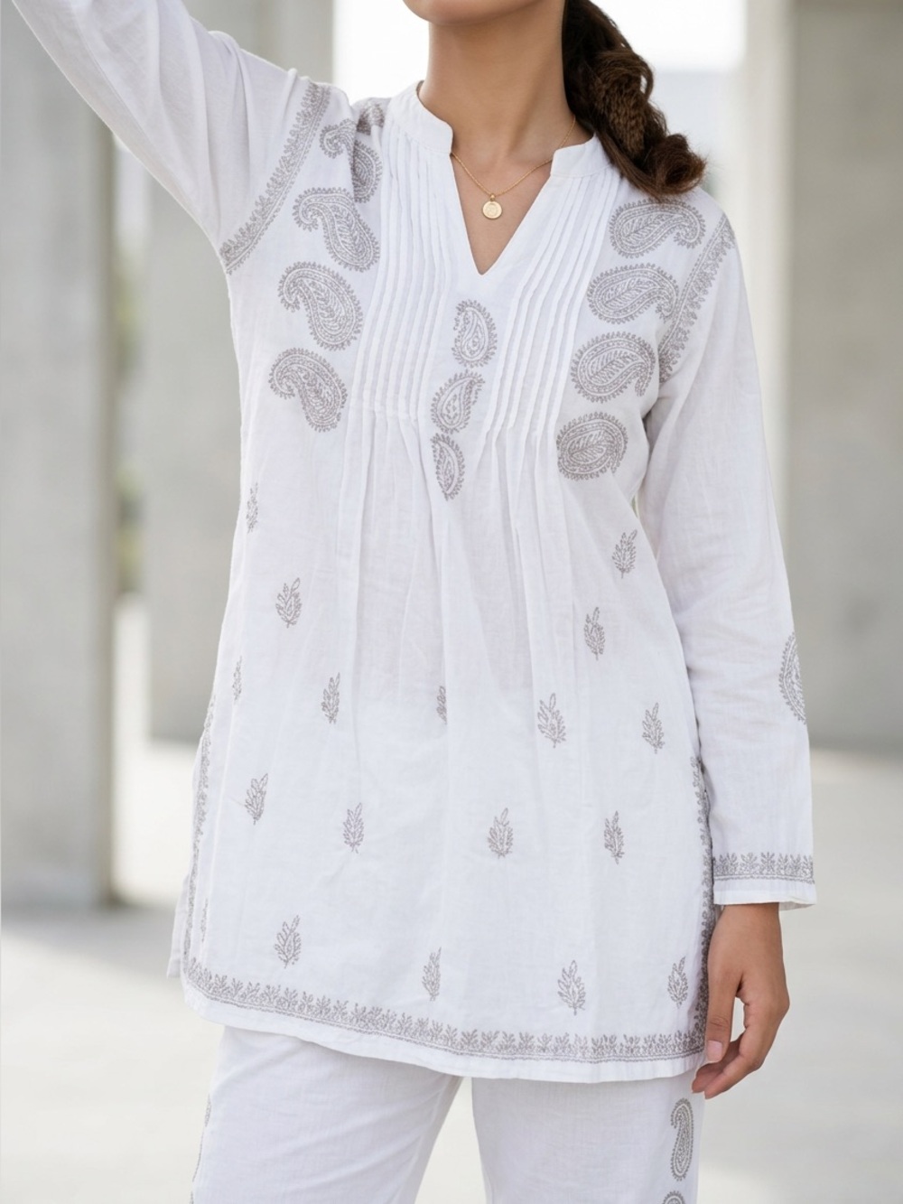 100% Indian Cotton- White Cotton Tunic Shirt with beautiful embroidered design